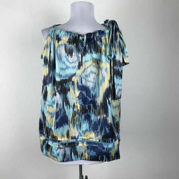 BCBGeneration Watercolor Print Tie Shoulder Sleeveless Blouse Blue‎ Yellow Sz M - Picture 4 of 7